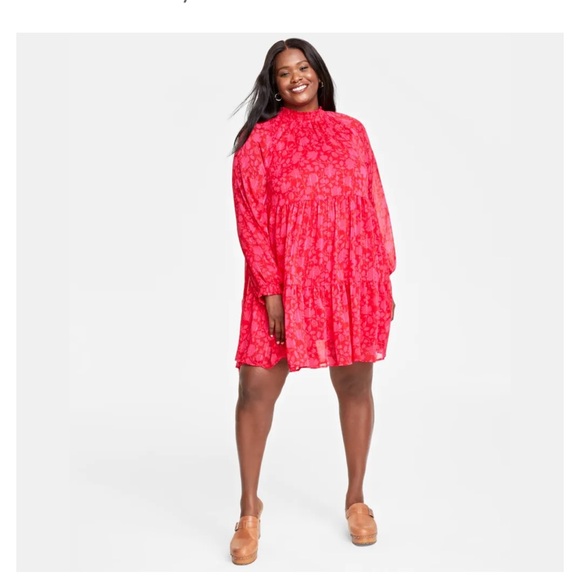 On 34th Plus Size Floral-Print High-Neck Tiered Mini Dress - Picture 1 of 3